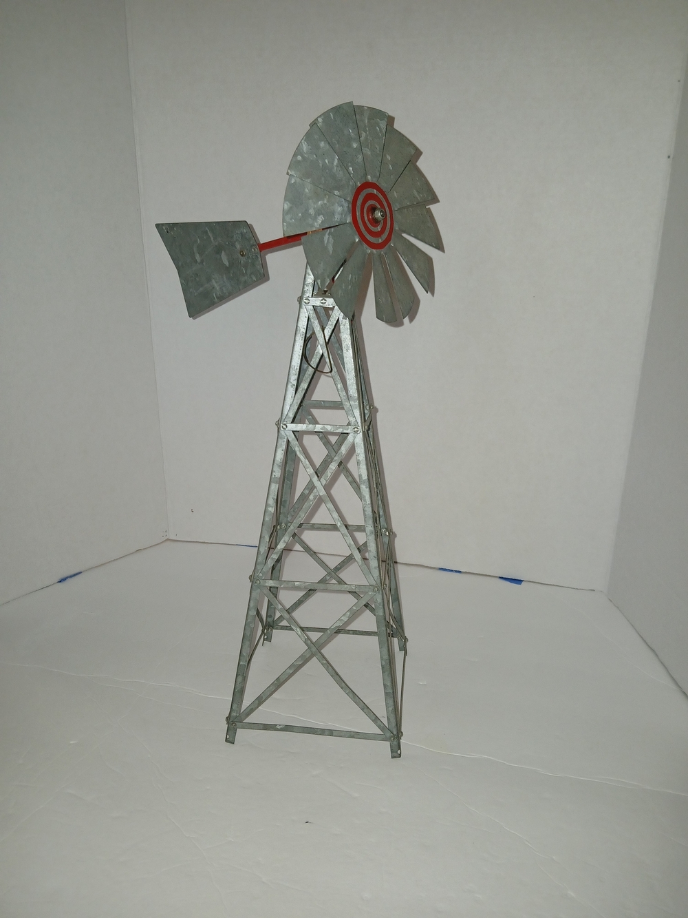 Decorative Galvanized Steel Metal Windmill Tower - Gray with Red Accent